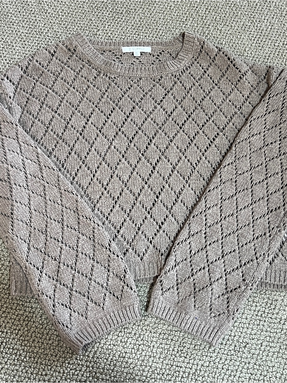 Z Supply Open-Knit Taupe Sweater - Women's Crewneck-size xs